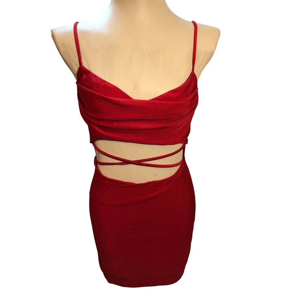 Windsor Red Cutout Bodycon Mini Dress Cowl Neck Strappy Waist Mens Small - Picture 2 of 5